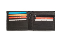 A cutout of an opened black leather wallet with six card holders.