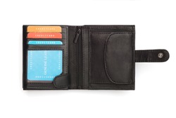 A cutout of an opened black leather wallet with latch showing sample cards.