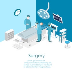 Isometric flat 3D concept vector interior of Surgery Department. Hospital Plastic Surgery Operating Theater Medical Doctor Surgeon and Patient Surgery Infographic.