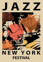Jazz poster with guitar player in New York, Brooklyn - Vector illustration (Ideal for printing, poster or wallpaper, house decoration) 
