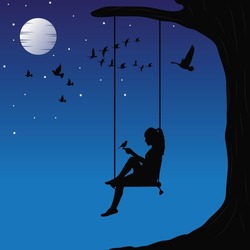 relax a girl is sitting on a swing enjoying the night, lots of birds flying.