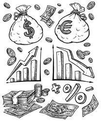 Money Finance Illustration. Black & White Clip Art.
