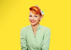 Pin up girl. Close up portrait headshot of red head young woman pretty smiling girl  in green button shirt, formal wear looking at you, camera with retro vintage 50's hairstyle. Positive human emotion