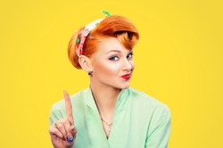 woman gesturing a no sign. Closeup portrait unhappy, serious pinup retro style girl raising finger up saying oh no you did not do that yellow background. Negative emotions facial expressions, feelings