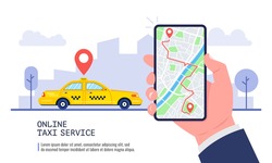 Online taxi service concept. Yellow taxi cab and hand holding smartphone with taxi application and city landscape. Vector.
