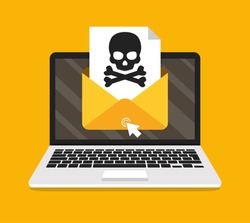 Laptop with envelope and skull on the screen. Concept of virus, piracy, hacking and security. Flat vector illustration.