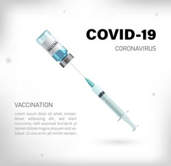 Covid-19 vaccination vector background. Covid19 coronavirus vaccine bottles and syringe injection tools for covid-19 immunization