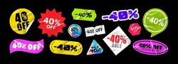 Sticker pack. Price stickers. Sale -40% off. Peeled Paper Stickers. Price Tag. Isolated on black background