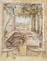 Watercolor monochrome drawing  with landscape pergola. View from home to landscape with plants, flowers and pigeons.