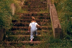 A little girl, 2 years old, with a ponytail and in a jumpsuit, climbing up the steps of the old stone, overgrown grass stairs. Concept of overcome. Cottagecore aesthetics concept.