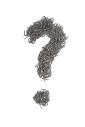 artistic isolated punctuation question mark made from steel staples isolated on a white background write, font, type style, barbed wire staple
