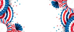 4th of July American Independence Day. Happy Independence Day. Red, blue and white star confetti, paper decorations on white background. Flat lay, top view, copy space, banner