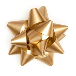 Gold bow sparkling holiday gift on a white background