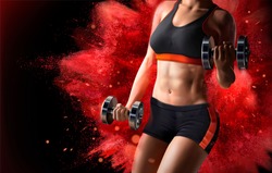 Fitness woman lifting weights on red exploding powder effect background in 3d illustration
