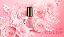 Light pink nail lacquer ads with flowers paper art decors in 3d illustration