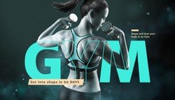 Fitness woman with dumbbell in sportswear, gym ads in 3d illustration