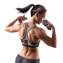Fitness woman with dumbbell in sportswear, 3d illustration