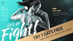 Fitness woman with dumbbell in sportswear, gym ads in 3d illustration