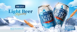 Light beer ads banner design with aluminium can on ice cubes and snow mountain background in 3d illustration