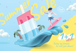 Sale promotion template for icy treats, with cute boy surfing on melting popsicle waves, 3d illustration