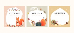 Set of autumn hand drawn illustrations with copyspace, applicable to card, cover and social media post