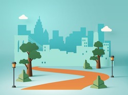 Urban cityscape concept in paper art design with trees, streetlight and winding road leading to the city 
