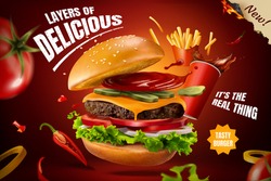 Delicious homemade burger with splashing cola, french fries and fresh ingredients, food ad in 3d illustration