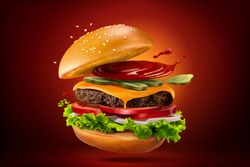 Closeup of homemade hamburger with splashing ketchup, isolated on red black background, 3d illustration