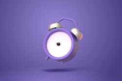 3d illustration of purple twin bell alarm clock in mid air isolated on purple background