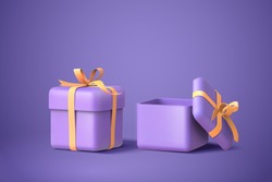 3d illustration of two purple gift boxes with bows and ribbons, isolated on purple background