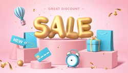 Sale poster in 3d pastel illustration, with cute balloon word on podium with some shopping related elements