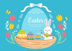 Happy Easter background. Cute rabbit, colorful eggs and chick set in nest with floral tulip frame.
