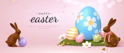 3d Easter banner with chocolate rabbits and beautiful painted eggs set on grass. Concept of Easter egg hunt or egg decorating art.