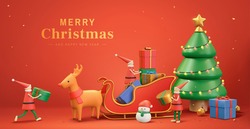 3d Xmas banner of cute Christmas elves putting gifts on Santa's sledge. Decorated with snowman and Christmas tree.