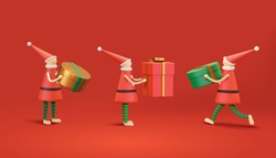 3d Xmas character design. Faceless Christmas elves with cute hats and leggings holding huge gift boxes.