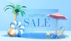 3d refreshing summer sale template. Composition of blue glass board with cute beach object and swimming pool. Concept of island vacation.