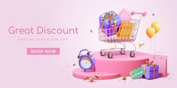 3d shopping sale promotion banner. Full shopping cart on round podium with countdown clock and credit card aside. Concept of great discount, suitable for black friday and anniversary.