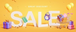 3d yellow great discount sale background. Illustration of large SALE word with shopping cart, gift boxes, credit card and countdown clock.