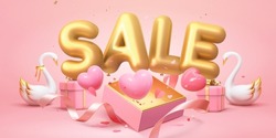 3d Valentine's Day sale promo banner template with swan couple, present boxes and large sale word phrase balloons