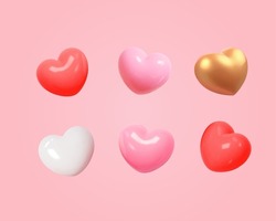 3d cartoon colorful heart shape toy collection, isolated on light pink background. Suitable for Valentine's Day and Mother's Day decoration.