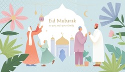 Cute pastel Ramadan, Hari Raya or Eid al-Fitr illustration with botanical decoration. Muslim men greeting to each other and woman decorating for the holiday.