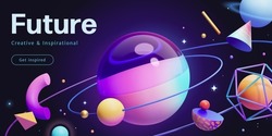 3d futuristic neon space banner template. Composition of little geometric shapes orbiting a huge glass sphere.