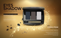 Eye shadow ads, elegant black eye shadow packaging with golden glitter elements, 3D illustration