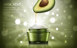 Avocado cream ads, oil dripped from fruit anatomy to a cream container isolated on bokeh glitter green background, 3d illustration