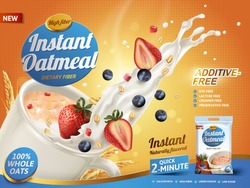 oatmeal ad, with milk splashing and mixed berries, 3d illustration
