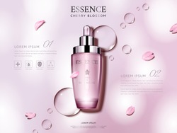 cherry blossom essence contained in a droplet bottle, with flower petals, pink background 3d illustration