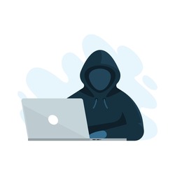 Hacker with laptop on white background, vector illustration