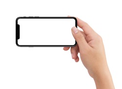 Isolated Isolated human right hand holding black horizontal smartphone phone on white background