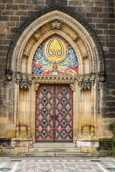Medieval Gothic doorway entrance to the Peter and Paul Cathedral on the grounds of Vyšehrad Castle, Prague, Czech Republic, Bohemia, Europe