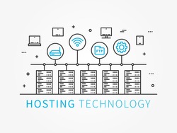 Data Hosting Infrastructure with server system. Analysis infrastructure for server room with devices and icons. Data hosting technology and server infrastructure. Vector illustration, linear concept.